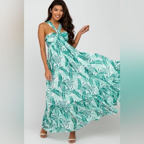 Pinkblush Big Hit Green Palm Print Halter Neck Maternity Maxi Dress Size Small - Picture 4 of 4